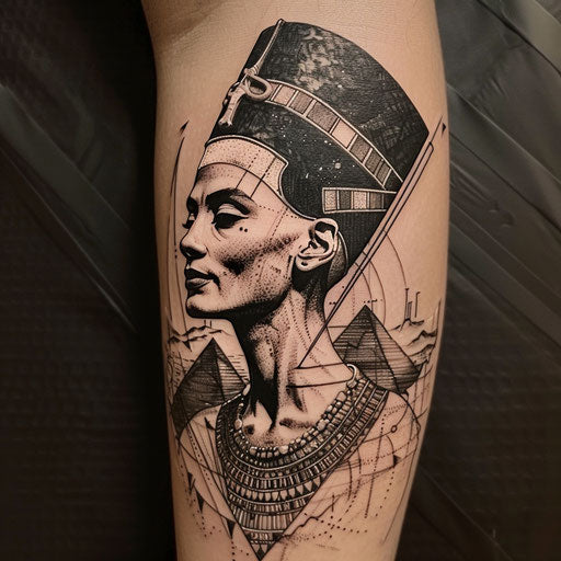 Flat tattoo sketch of Nefertiti with the pyramids at dusk