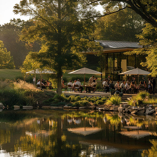 Serene corporate retreat in natural setting, lakeside brainstorming