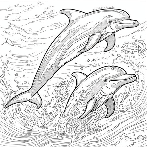 Playful dolphins in the ocean in the style of Mike Zeck coloring book page