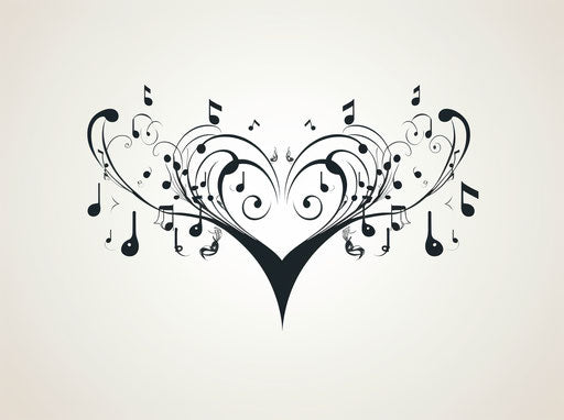 Musical notes with wings and hearts, traditional ink painting style, nature arabesque