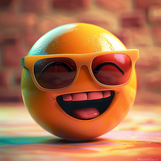 Yellow smiley face in shades of red resembling stone with bright sunglasses, 3D, heatwave