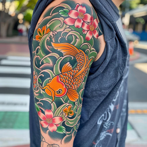 Vibrant traditional Japanese half sleeve tattoo with koi fish