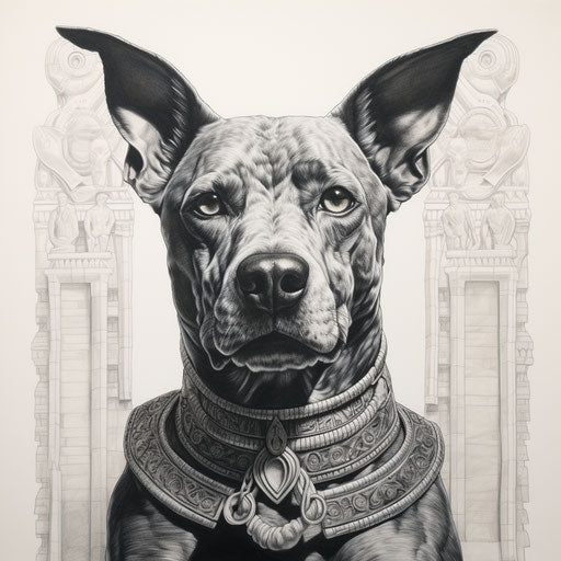 Egyptian dog in Rob Liefeld style, gothic realism sculptor in monochrome
