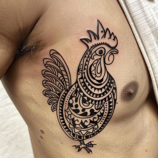 Polynesian rooster tattoo with tribal patterns on white