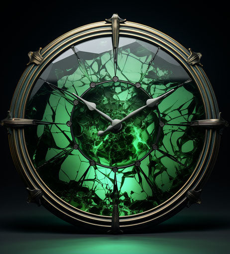 Glass clock on cracks in a green design