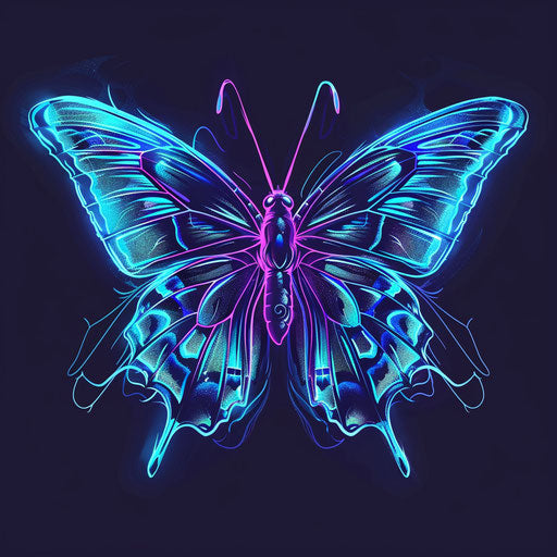 Blue butterfly tattoo design with neon outlines on dark backdrop