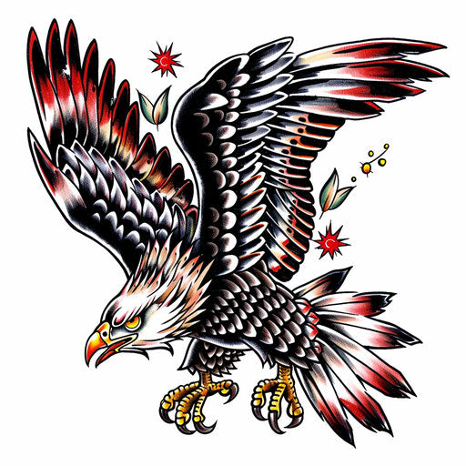 Illustration of a classic American eagle tattoo design, bold black lines and traditional colors, on a white canvas.