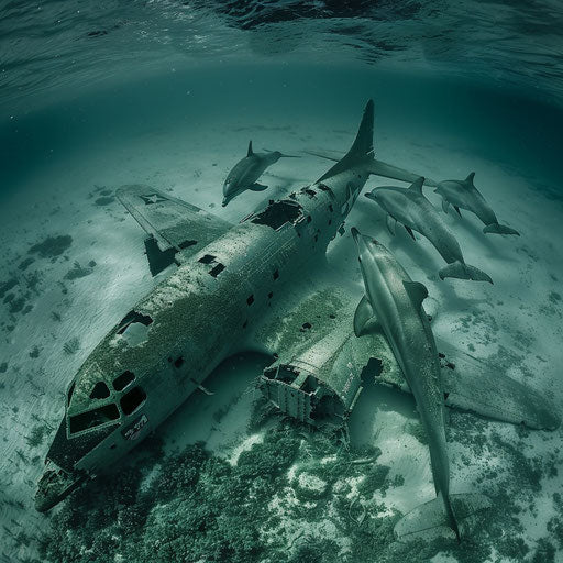 Dolphins swimming around a World War II American airplane shot down and lying at the bottom of the sea