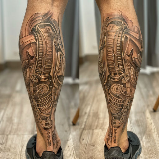 Biomechanical leg tattoo in the style of Guy Aitchison