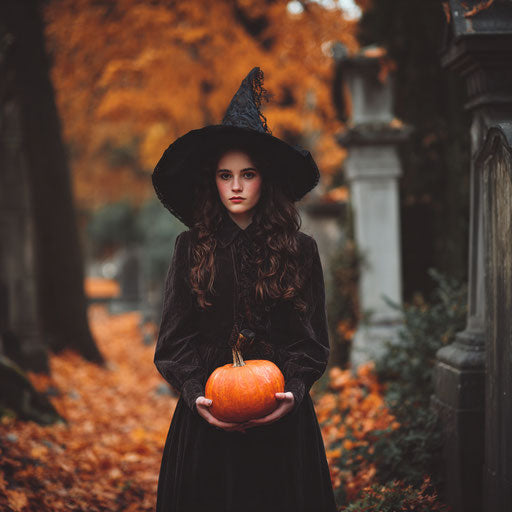 A witch holding a jack-o'-lantern in an autumn cemetery