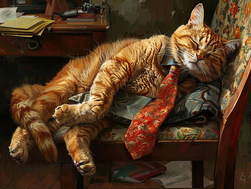 Cat on office chair with a tie