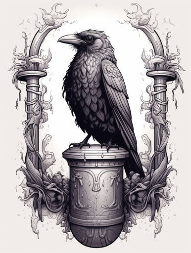 Black and white crow tattoo, cosmic sketch style