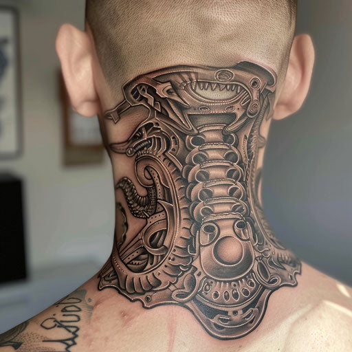 Biomechanical tattoo on the back neck