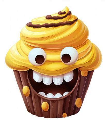 Happy cupcake with brown frosting and chocolate patterns