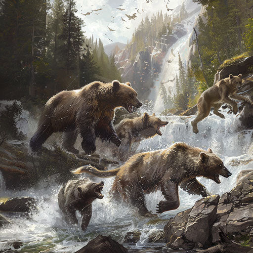 Thrilling race between bears and wolves in the wild