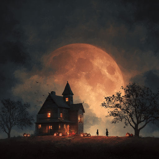 Spooky Halloween Night with Haunted House and Witch