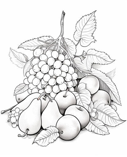 Fruit, Cactus, Peach, Grapes, Pears and Apples Coloring Page