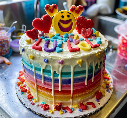 Rainbow cake with emojis and ''LOL'' in yellow