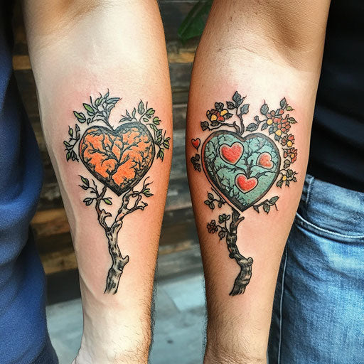 Father son tattoos with shared heart, Maria Sibylla Merian style