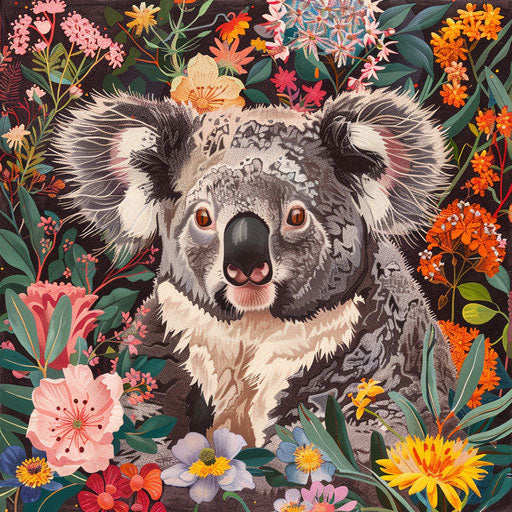 Koala surrounded by a burst of spring flowers
