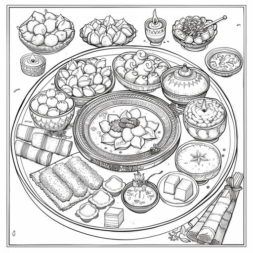 Detailed illustration of a traditional Diwali Thali with various sweets and savories. Coloring book page