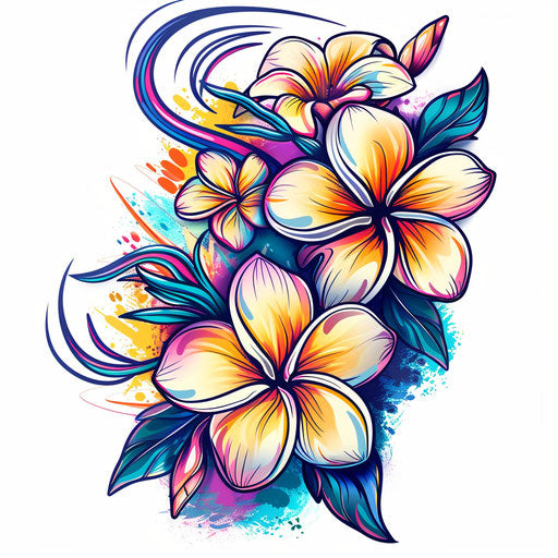 Dynamic flat tattoo sketch of plumeria with motion effects and swirling color bursts