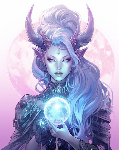 Blue unicorn with crystal ball, neonpunk style, line drawing