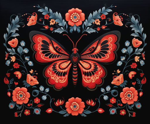 Black butterfly with black and red flowers, traditional craft