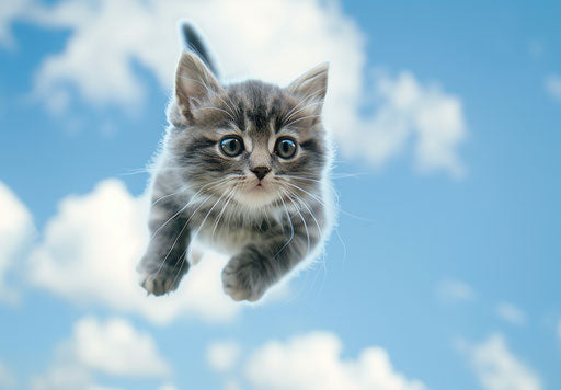 Cute little kitten flying in the sky with eyes wide open