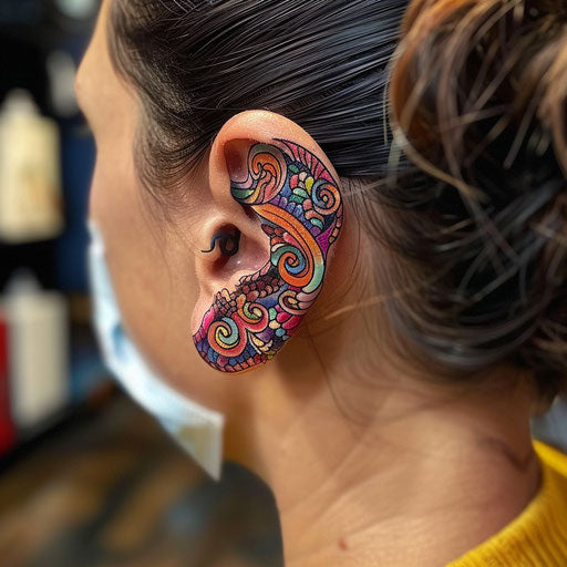 Ear tattoos with vibrant abstract patterns