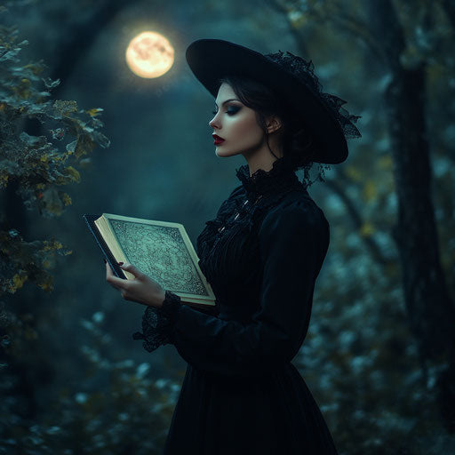 Elegant witch under the full moon in the mystical forest