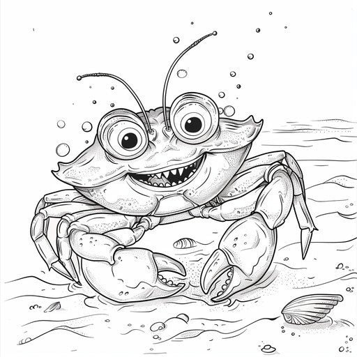 A whimsical cartoon crab holding a seashell