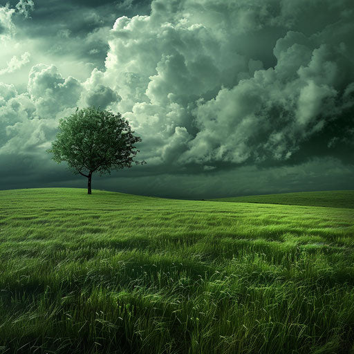 Green field with tree and moving storms