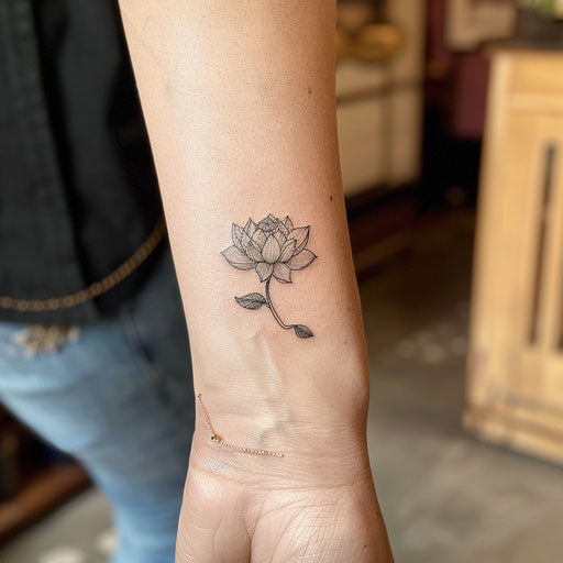 Small wrist tattoos of a lotus flower, in the style of Maria Sibylla Merian