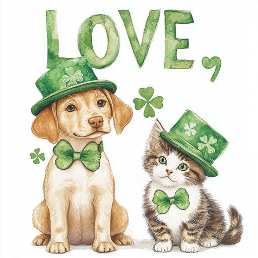 Labrador Retriever dog and cat with green hats and clovers