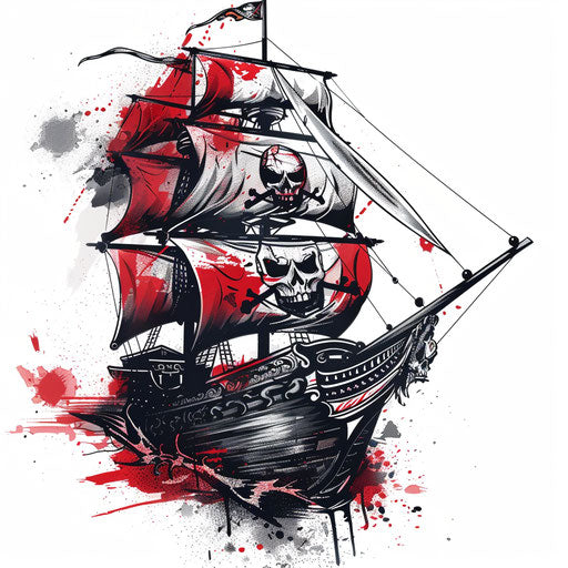Bold tattoo sketch pirate ship red black clipart skull flag