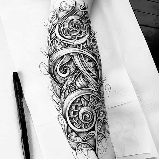 Dynamic flat tattoo sketch of a neo tribal sleeve with bold, swirling motifs