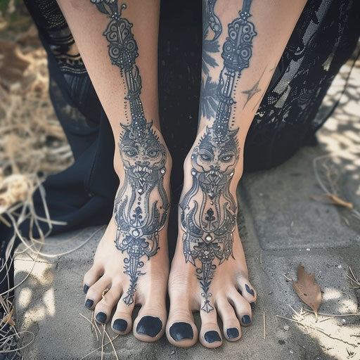 Foot tattoos in the style of Gerald Brom with gothic, mystical elements