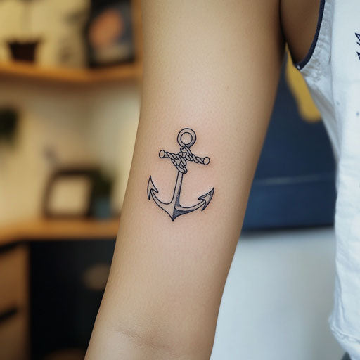 Small arm tattoos with a minimalist anchor and rope, in the style of Ami James