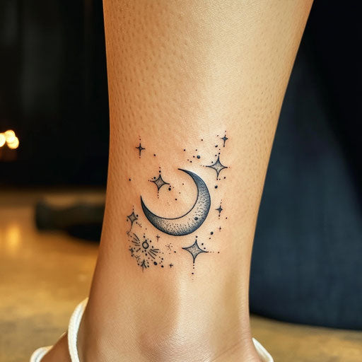 Women's ankle tattoos crescent moon stars JP Targete style
