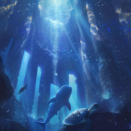 Rare encounter of a whale shark and sea turtle in underwater light columns