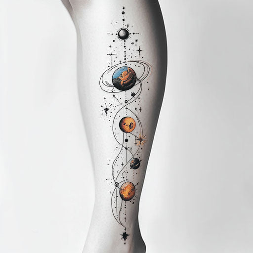 Lower leg tattoo for females with cosmic elements