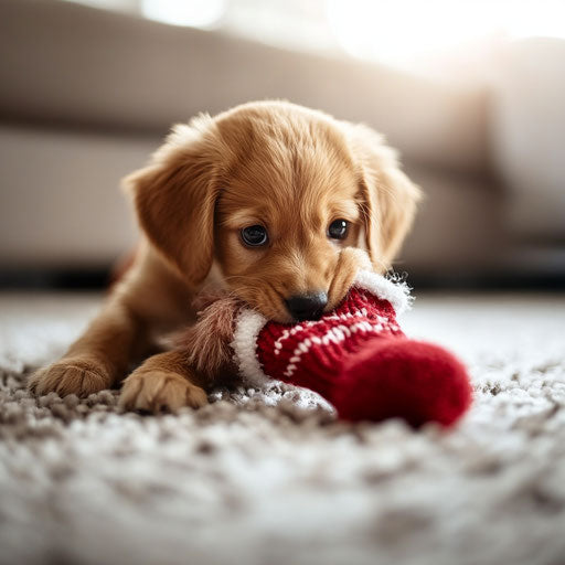 Playful puppy pulling on Christmas socks