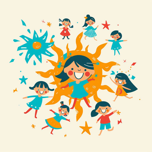 Children's toy store logo with animated toys dancing around joyful sun