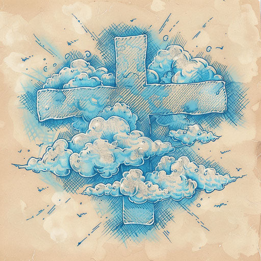 Dreamy cross stitch tattoo sketch with soft cloud-like textures and sky blue tones