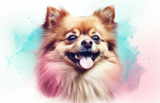 Small brown pomeranian dog on white background, light teal and light pink style