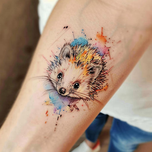 Watercolor tattoo sketch of a hedgehog with blending colors