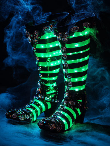 Glowing green and black striped witch boots with rhinestones