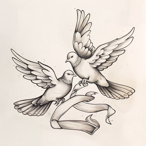 Nature-inspired flat tattoo sketch of a pair of doves flying with a ribbon