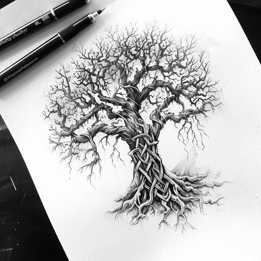 Intricate tree of life tattoo design with Celtic knots on paper
